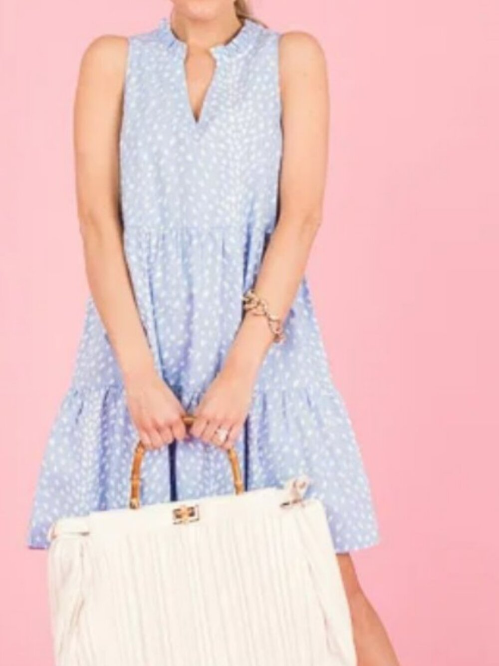 Mud Pie Women's Dress S Brekke Women's Sleeveless Tiered Dress Blue w/white dots